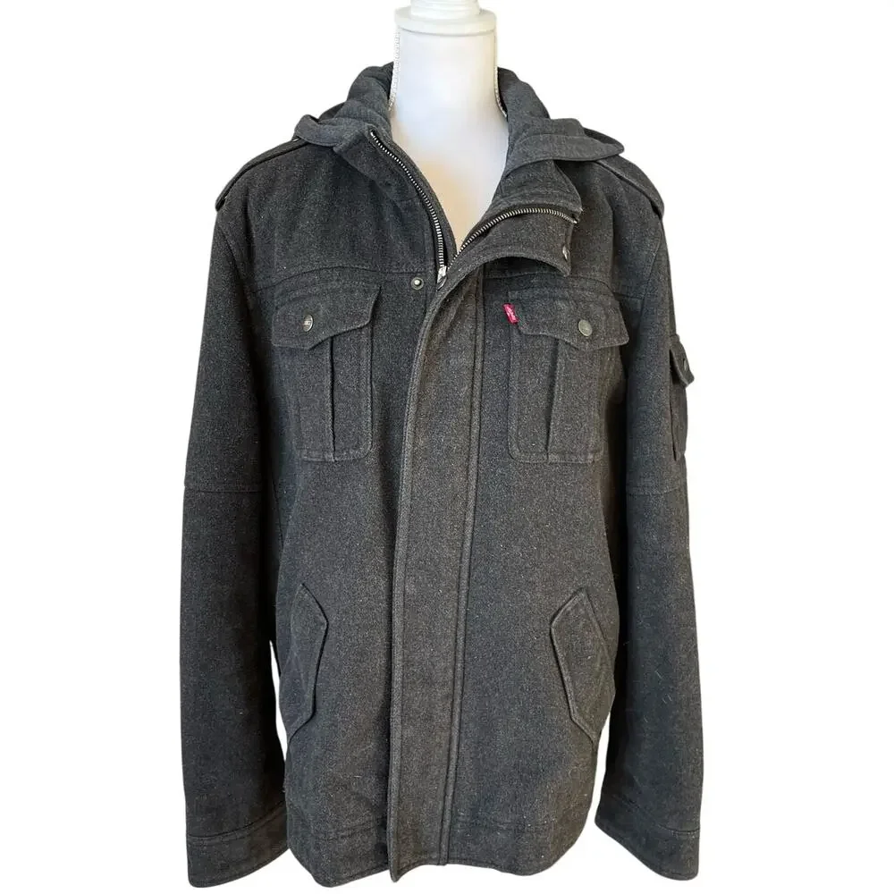 Levi's Jacket Coat Men's Large Grey Black Hooded Full Zip Snaps Patch Pockets